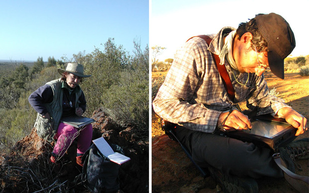 Geologists Angela Riganti (left) and Ivan Zibra (right) illustrate how field work has changed in a short period of time – going from hand-written notes to observations being directly captured in GSWA’s WAROX database via a tablet.