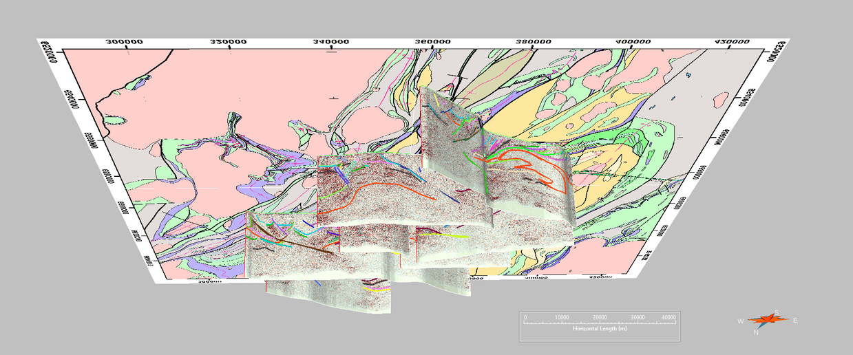 View (from the south to the north looking up) of the 1: 500 000-scale geological map and seismic profiles with the preliminary interpretation