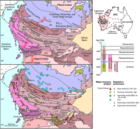 Simplified geological map of the Capricorn Orogen showing the distribution of major structures, mineral deposits and occurrences