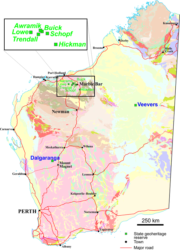 Location of geoheritage reserves with Archean stromatolites in Western Australia 