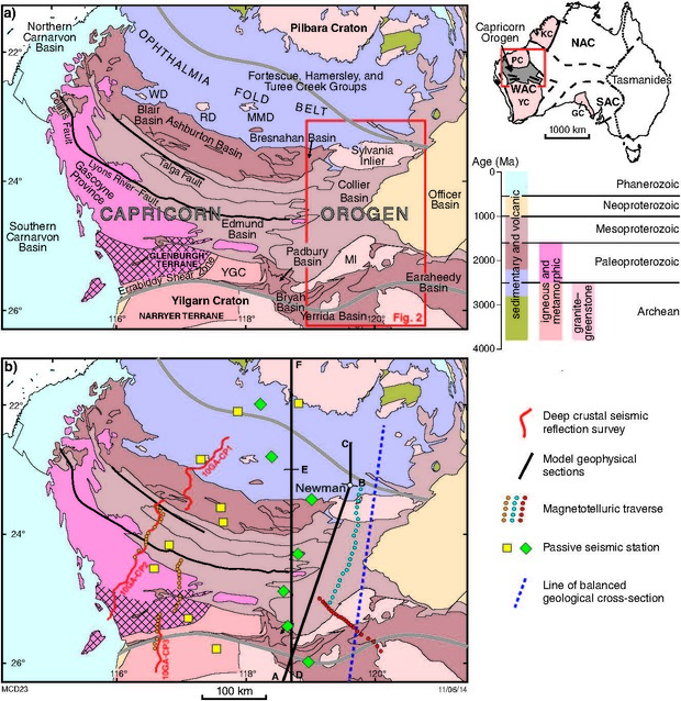 Geological elements of the Capricorn Orogen and locations of previous geophysical studies.