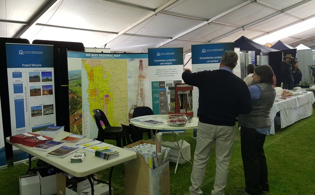 DMP Petroleum Tenure and Land Access General Manger Bev Bower chats to a local resident while at the Mingenew Expo