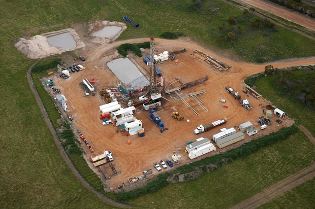 Aerial view of a well pad with drilling rig, northern Perth Basin (courtesy ARC Energy Ltd)