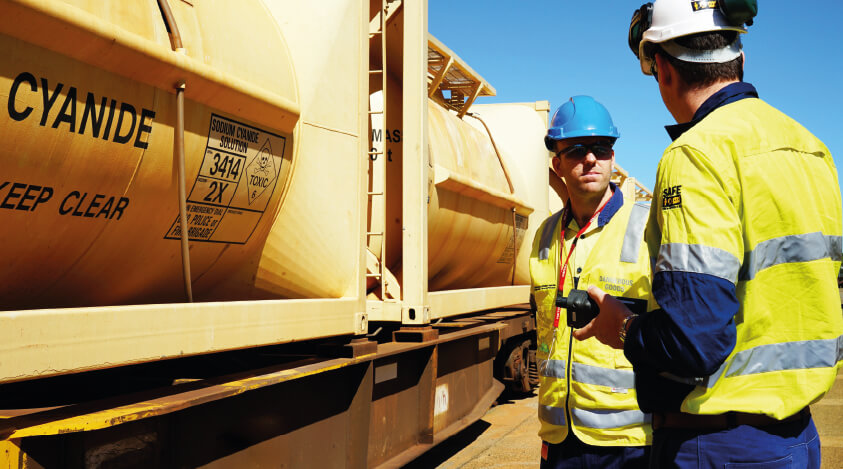 Dangerous Goods Officer Michael Wolter (left) carrying out a rail inspection at CSBP Kwinana.